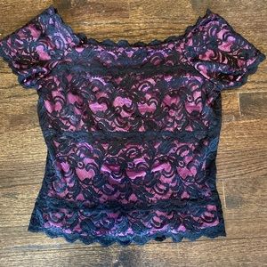 Cache fuschia stretch top with black lace overlay Vintage 90s size small